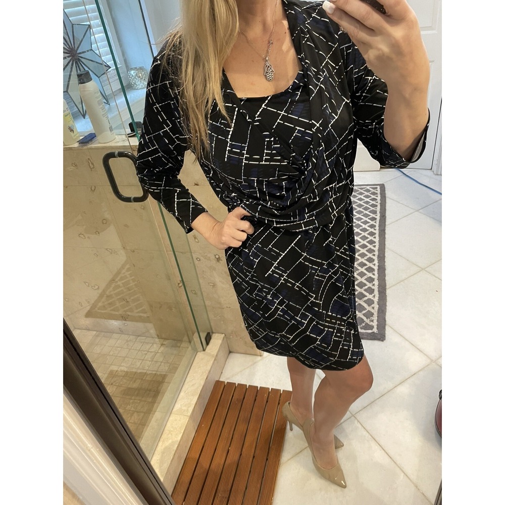 White House Black Market Print Shift Dress L Black Blue Wrap Neck 3/4 Sleeves